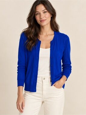 Ellen Tracy Classic Crewneck Button-Front Sweater Cardigan - Royal Blue Size S